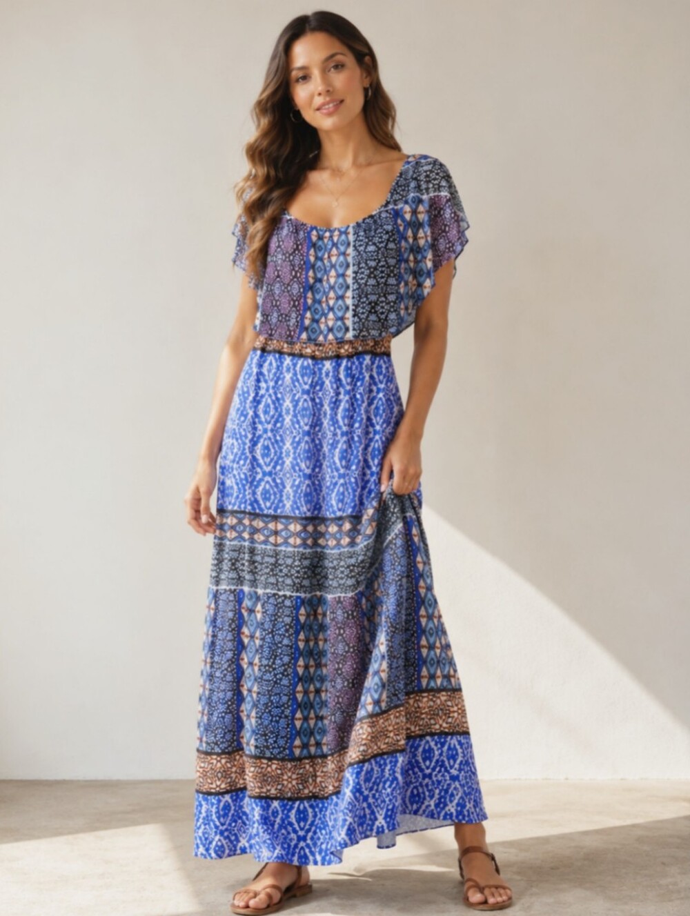 CHICOS Boho Off-Shoulder Patchwork Geometric Print Maxi Dress, Size 1, Medium - Picture 2 of 14